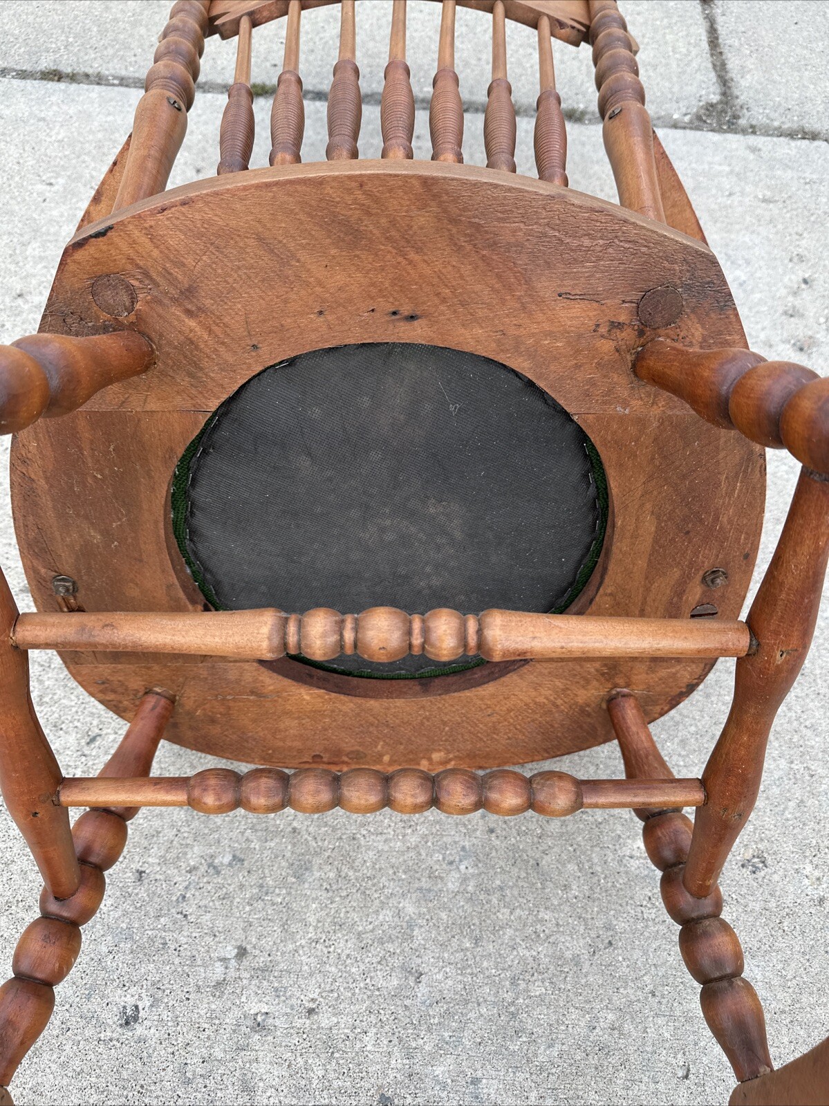 Vintage Victorian Rustic Maple Wood Spindle Back Needlepoint Seat Rocking Chair