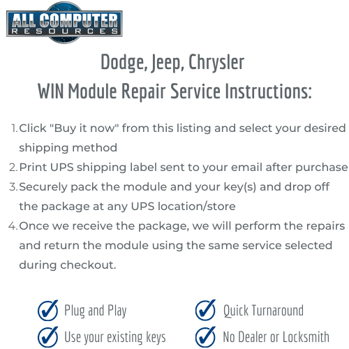 Dodge Jeep Chrysler WIN Module Wireless Ignition Node - Repair Service