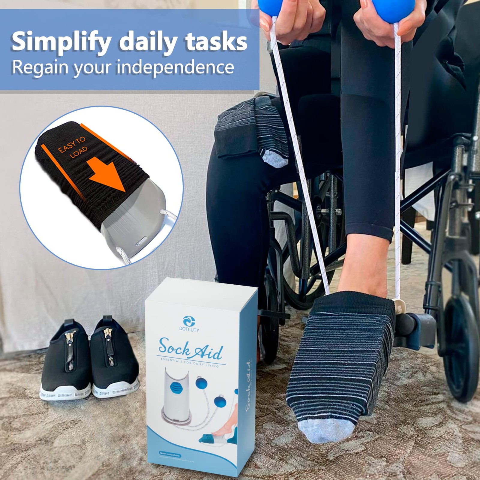 Sock Aid - Socks Helper with Adjustable Cords, Easy on 1, Ash Gray
