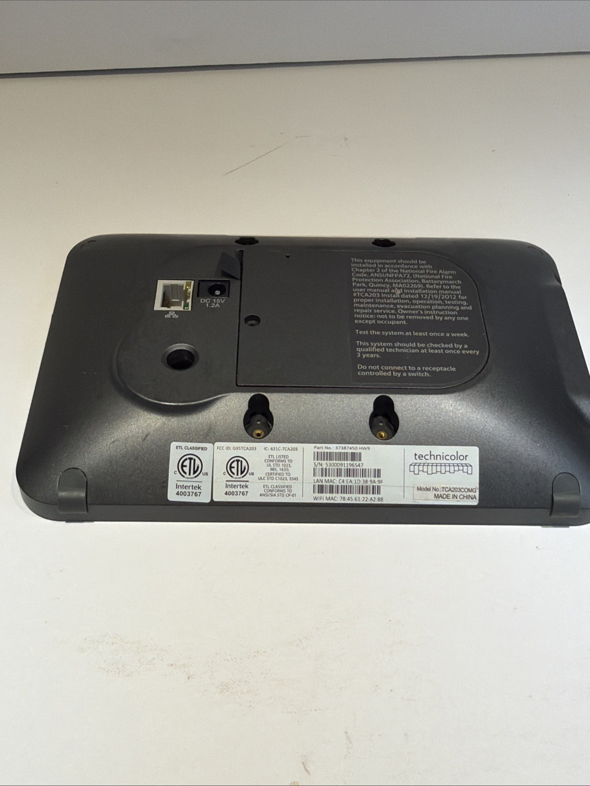 Xfinity Home Touchscreen Controller Model TCA203COMG Intertek 400367