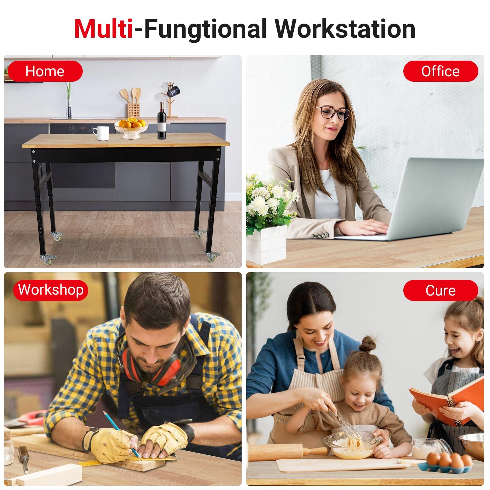 70" Adjustable Height Workbench&Wheels,2000 lb Rubber Wood Top,Power Outlets