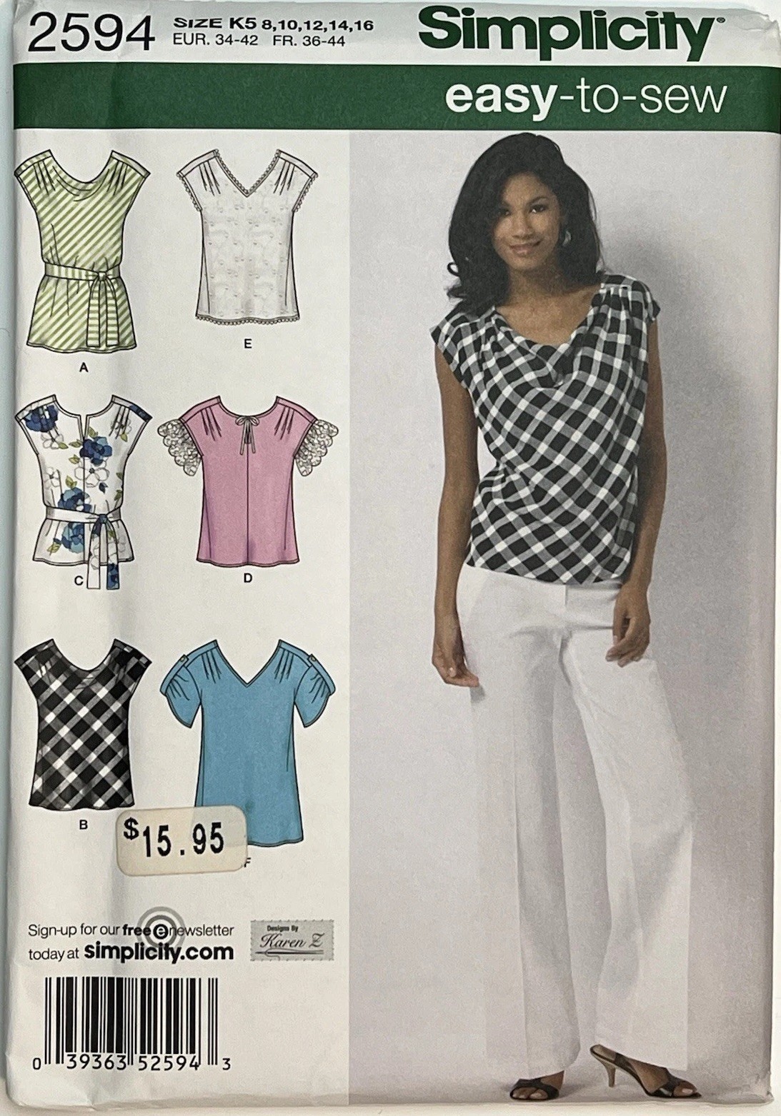 SIMPLICITY 2594 MISSES 8-16 TOPS 2 lengths BELT Easy To Sew PATTERN NEW UNCUT