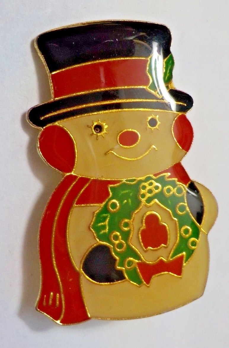 Vintage Snowman W/ Christmas Wreath Brooch Pin