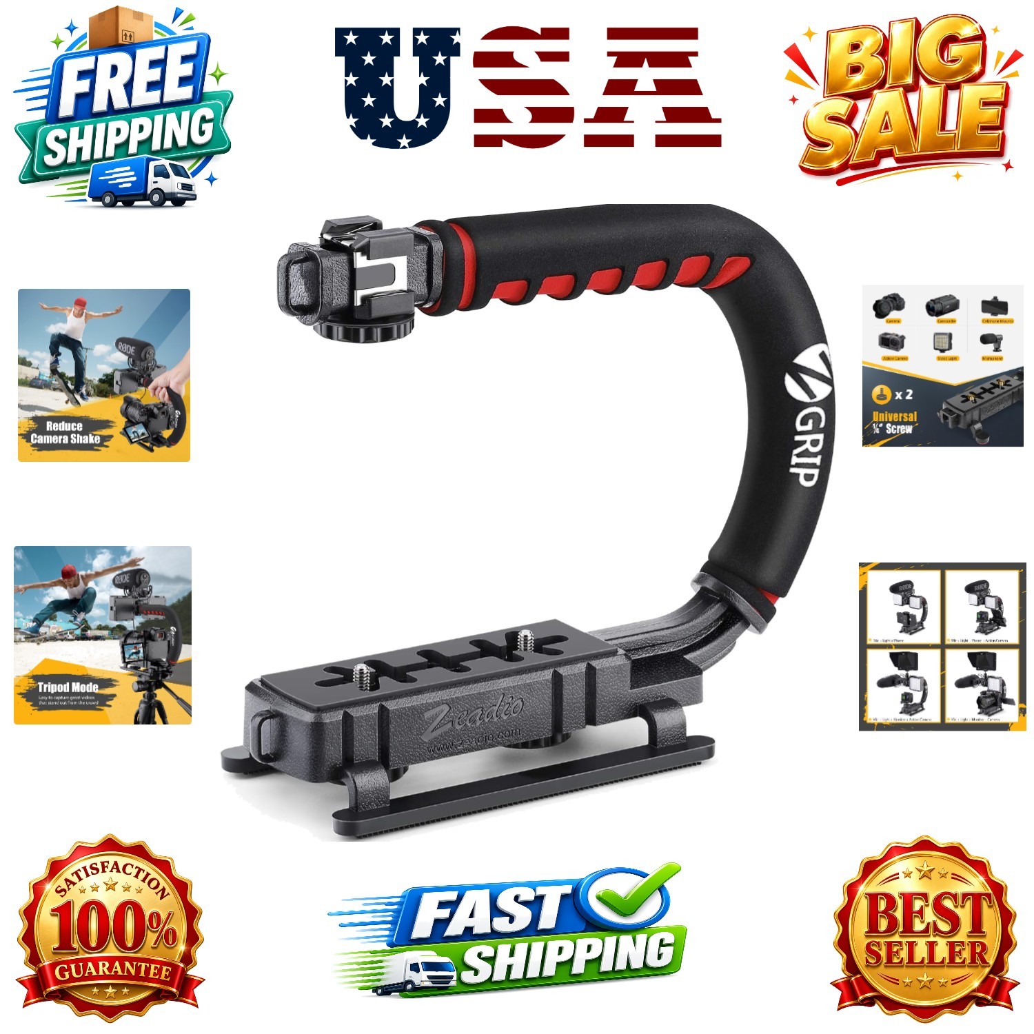 Video Action Stabilizing Handle Grip Handheld Stabilizer with Cold-Shoe Mount...