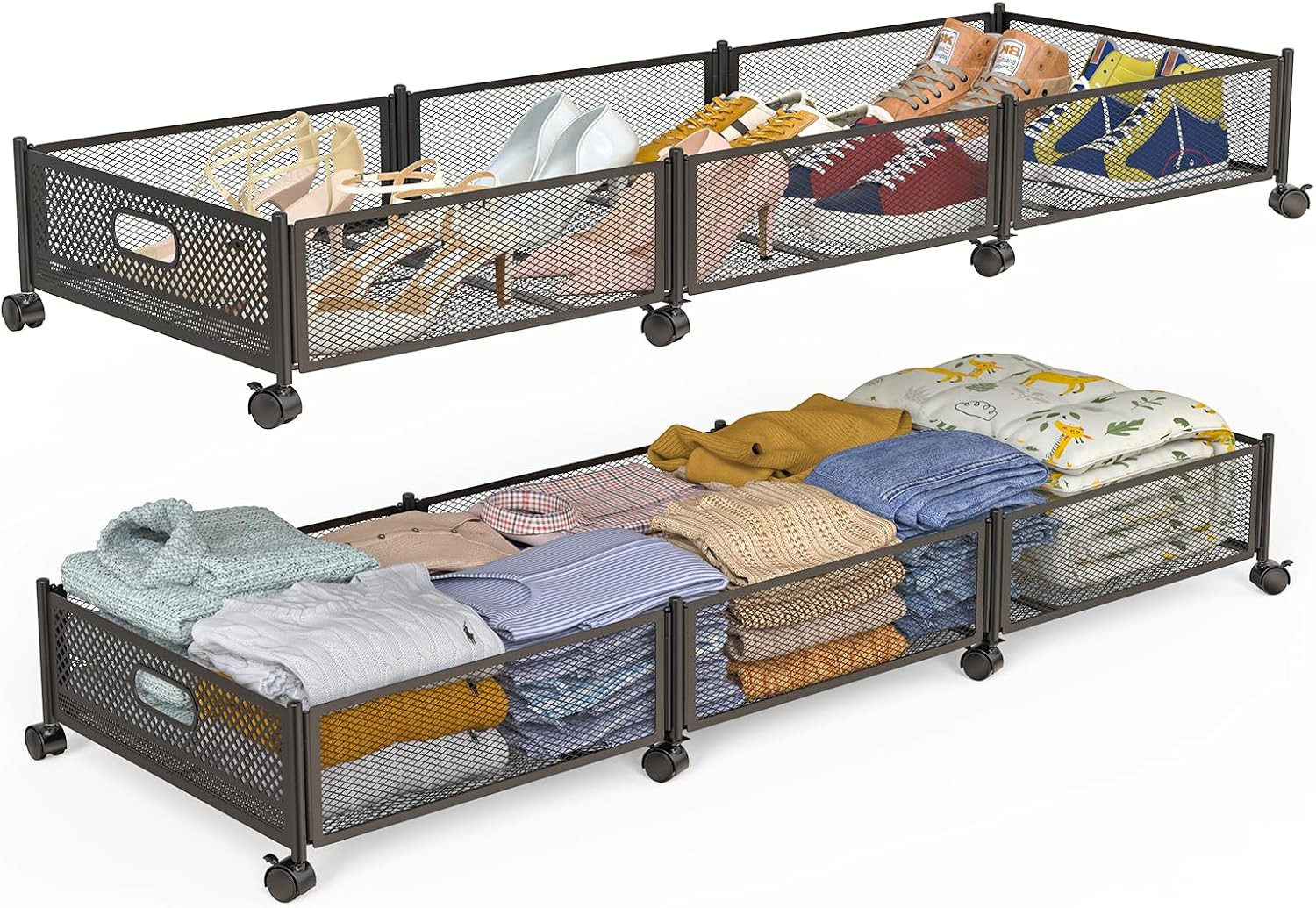 Under Bed Storage with Wheels, 47.2''/90Lbs/57.6L, Metal Frame under Bed Rolling