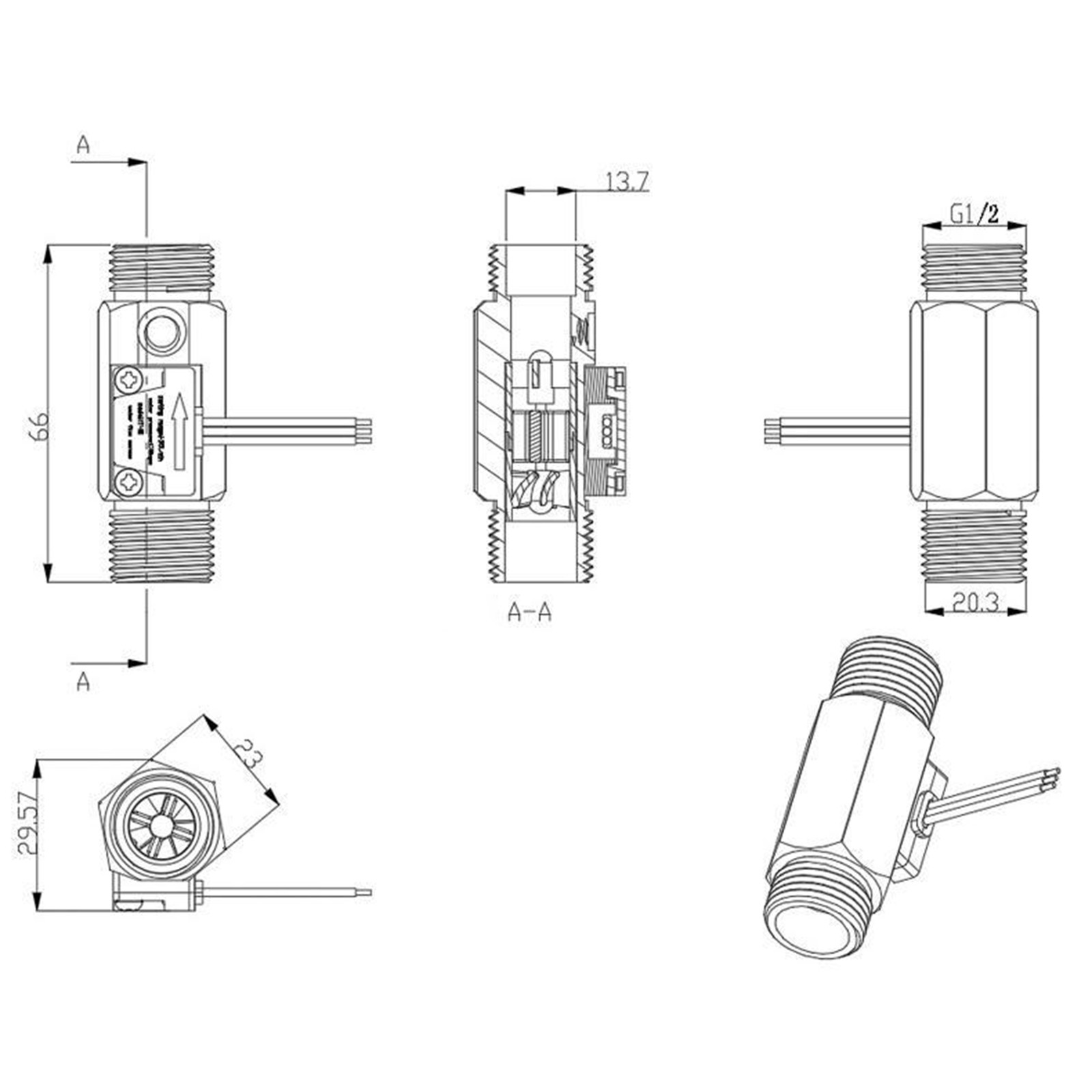 1/2" Flow Sensor Water Flow Switch w/ Temperature Detection for Hot Water System
