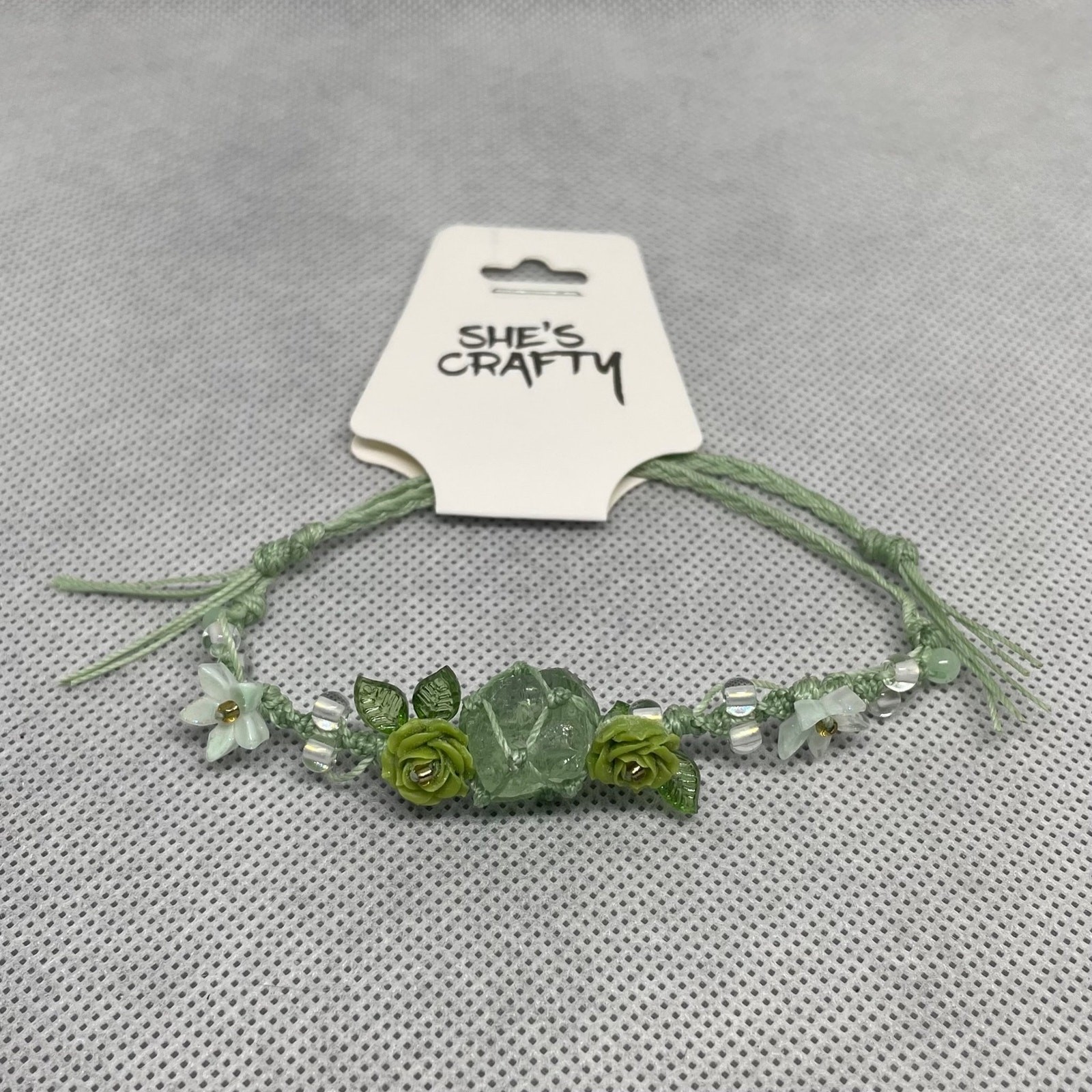 Bohemian Crystal, Floral, Waxed Linen Adjustable Bracelet
