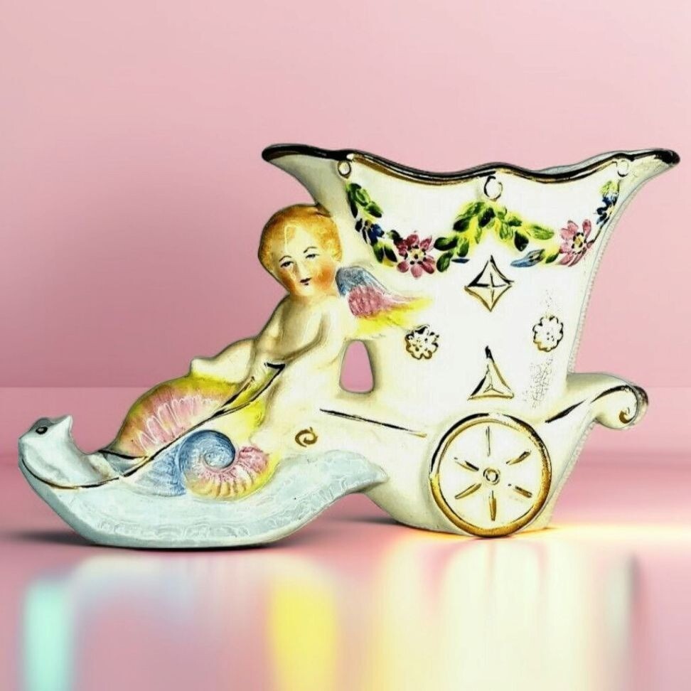 Antique Cherub Planter With Floral Design Porcelain Pottery Coventry 5506A 1945