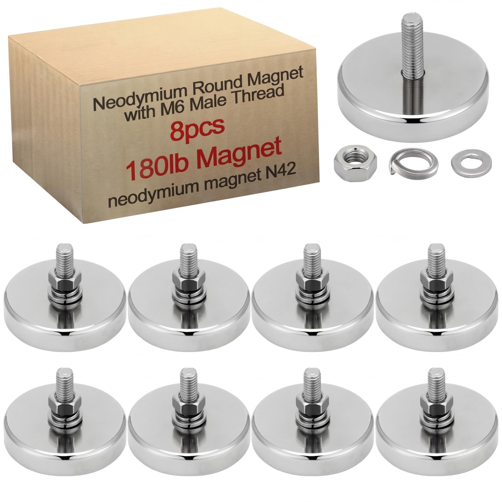 8 Pieces Heavy Duty Neodymium Round Mounting Magnet with Bolt 1.65in-180lb-M6...