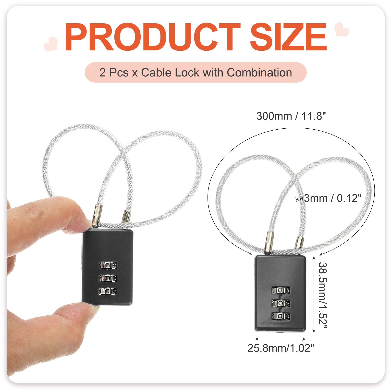 2 Pcs 3 Digit Cable Lock with Combination 11.8" Steel Rope Black