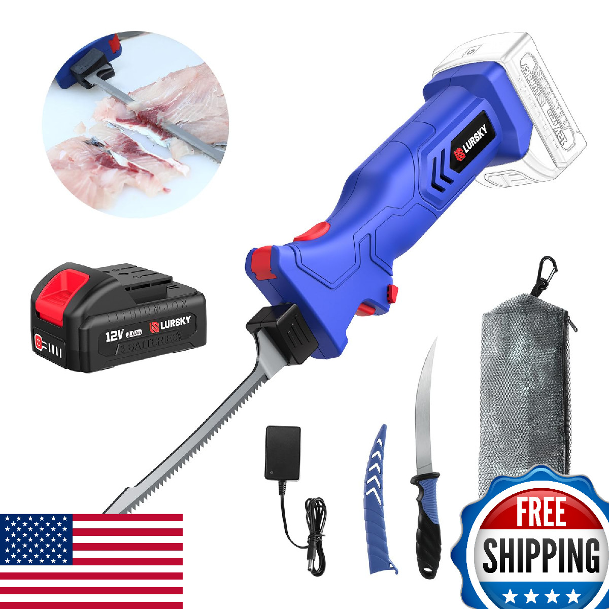 LURSKY Cordless Electric Fillet Knife Rechargeable Fishing Ti-Nitride S.S.