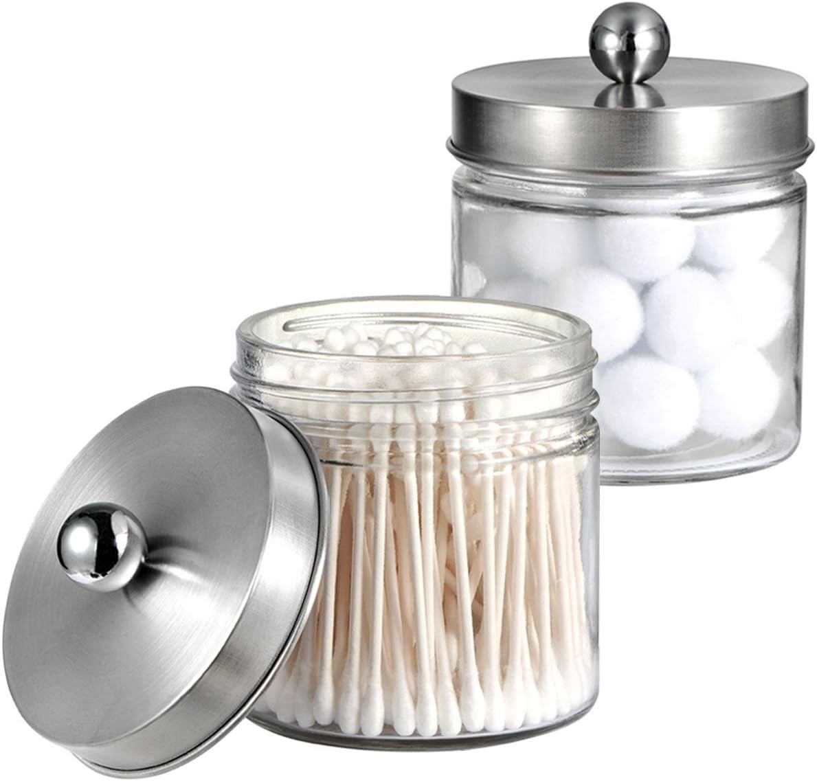 2-Pack Brushed Nickel Mason Jar Qtip Holder - Glass Apothecary Jars Bathroom ...