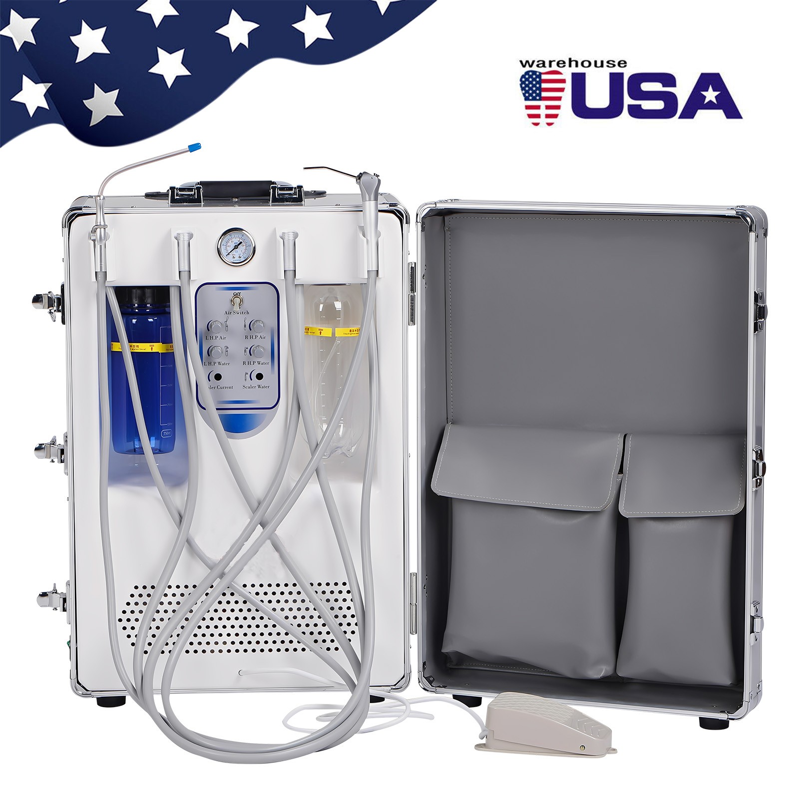 Portable Dental Delivery Unit Rolling Case Air Compressor Syringe Suction 4Hole