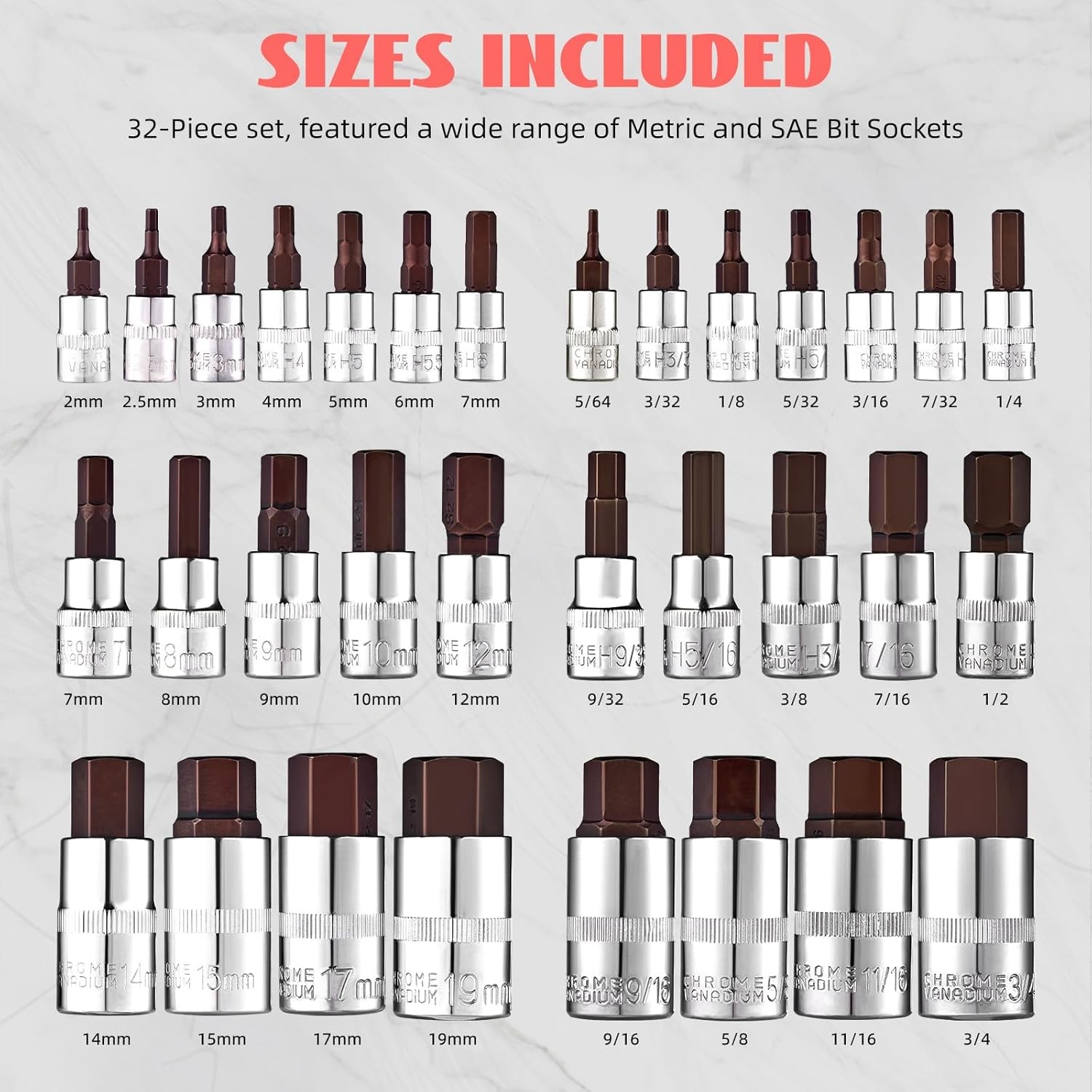 Hex Bit Socket Set 32-Piece, Allen Socket Set, 1/4'', 3/8”& 1/2'' Hex Drive
