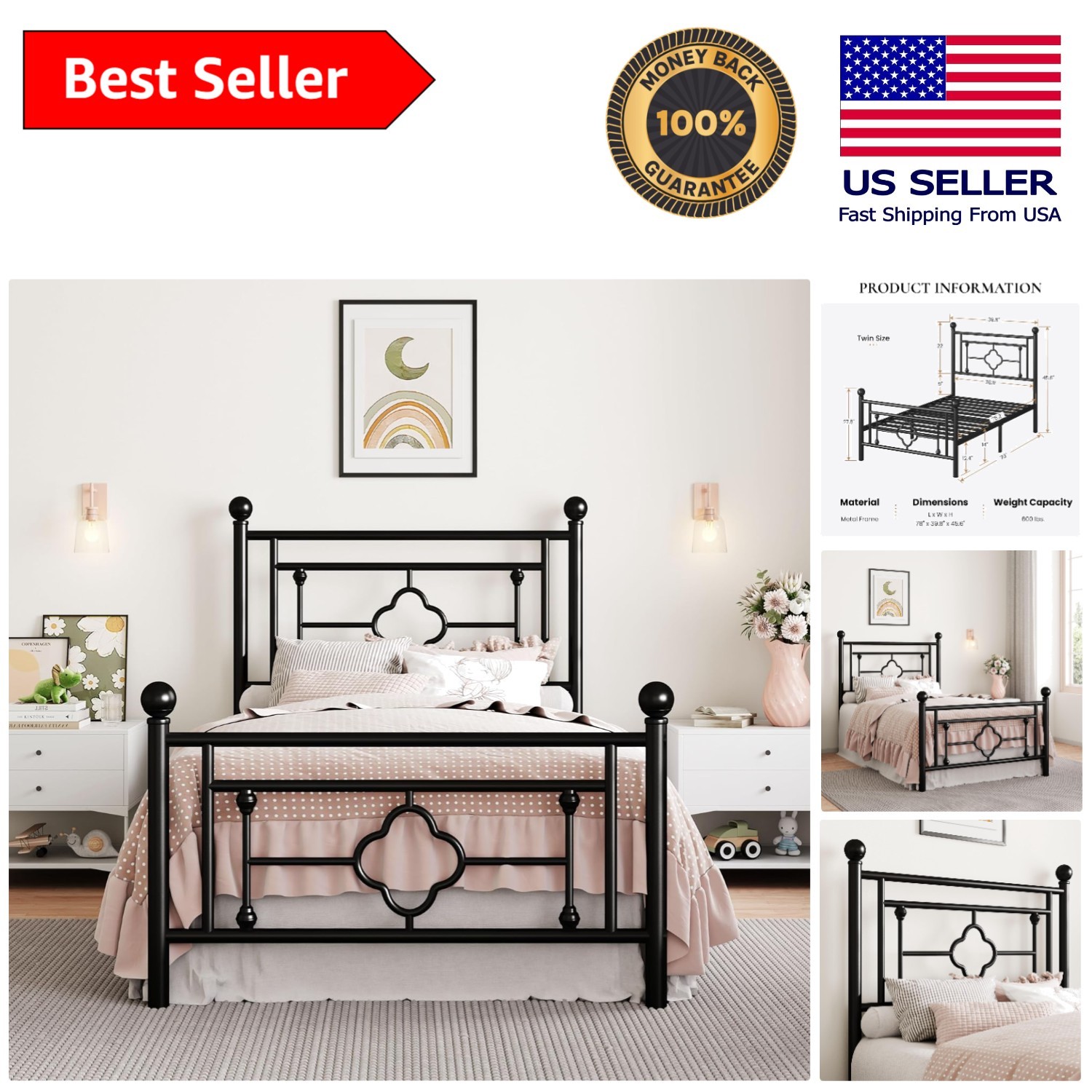Space-Saving Twin Bed Frame with Headboard, Underbed Storage, Easy Assembly