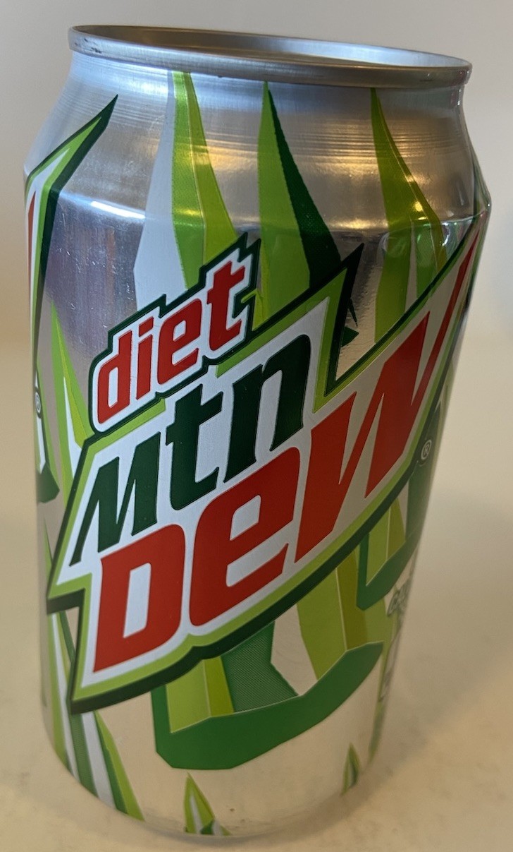 12 oz. DIET MTN DEW SODA CAN EMPTY BOTTOM OPENED