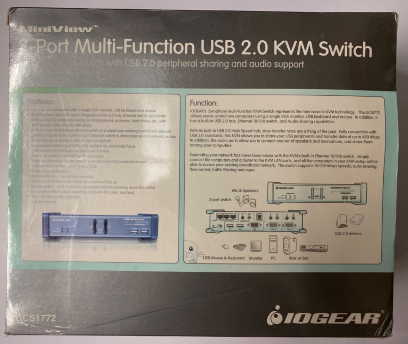 IOGEAR 2-Port Multi-Function USB 2.0 KVM Switch MiniView GCS1772 *NEW SEALED