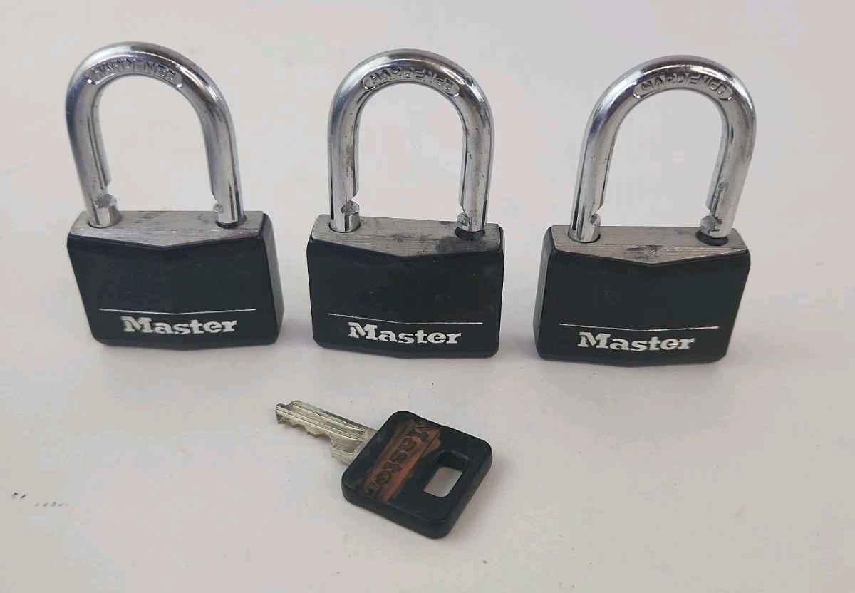 Master Lock Keyed Padlock - Black for outdoors three locks One Key Opens All.
