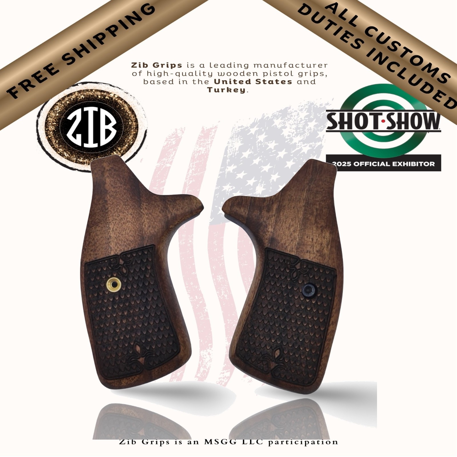 Zil Grips Straight Grips - Walnut Varnish - Fits Most S&W Revolvers - Fish Skin