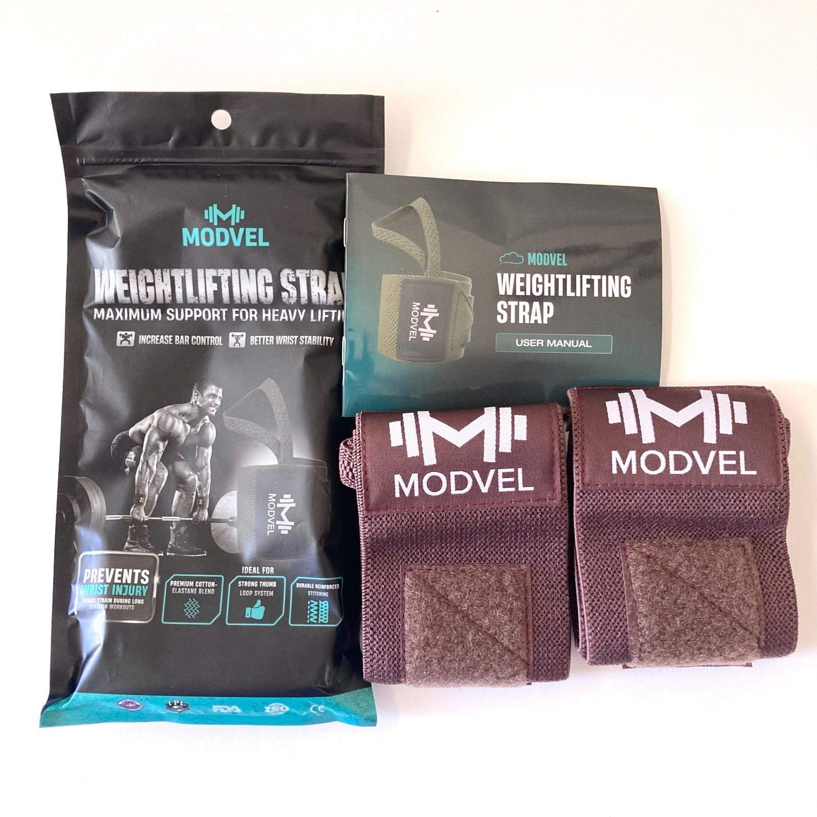 Modvel Weightlifting Wrist Support Straps Wraps w/Thumb Loop Brown BRAND NEW!