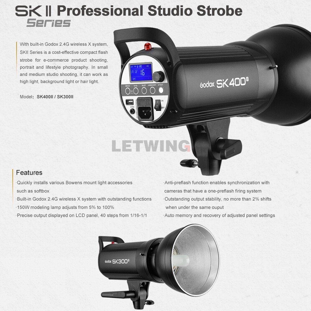 US Godox 400W SK400II Studio Flash Stroble Head+ 120cm Softbox 2.8m Light Stand