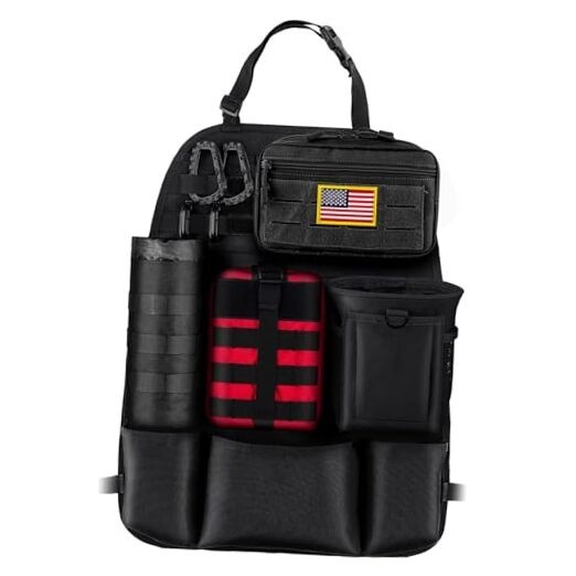 Car Seat Back Organizer with 4 Molle Pouches, Black Set with Red EMT Pouch
