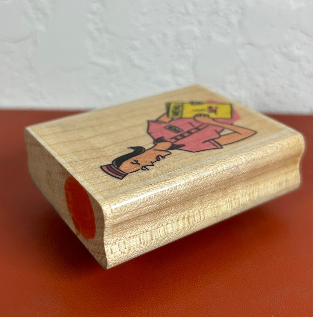 Vtg American Art Wood Mounted Rubber Stamp-Grumpy Waitress Menu - preowned