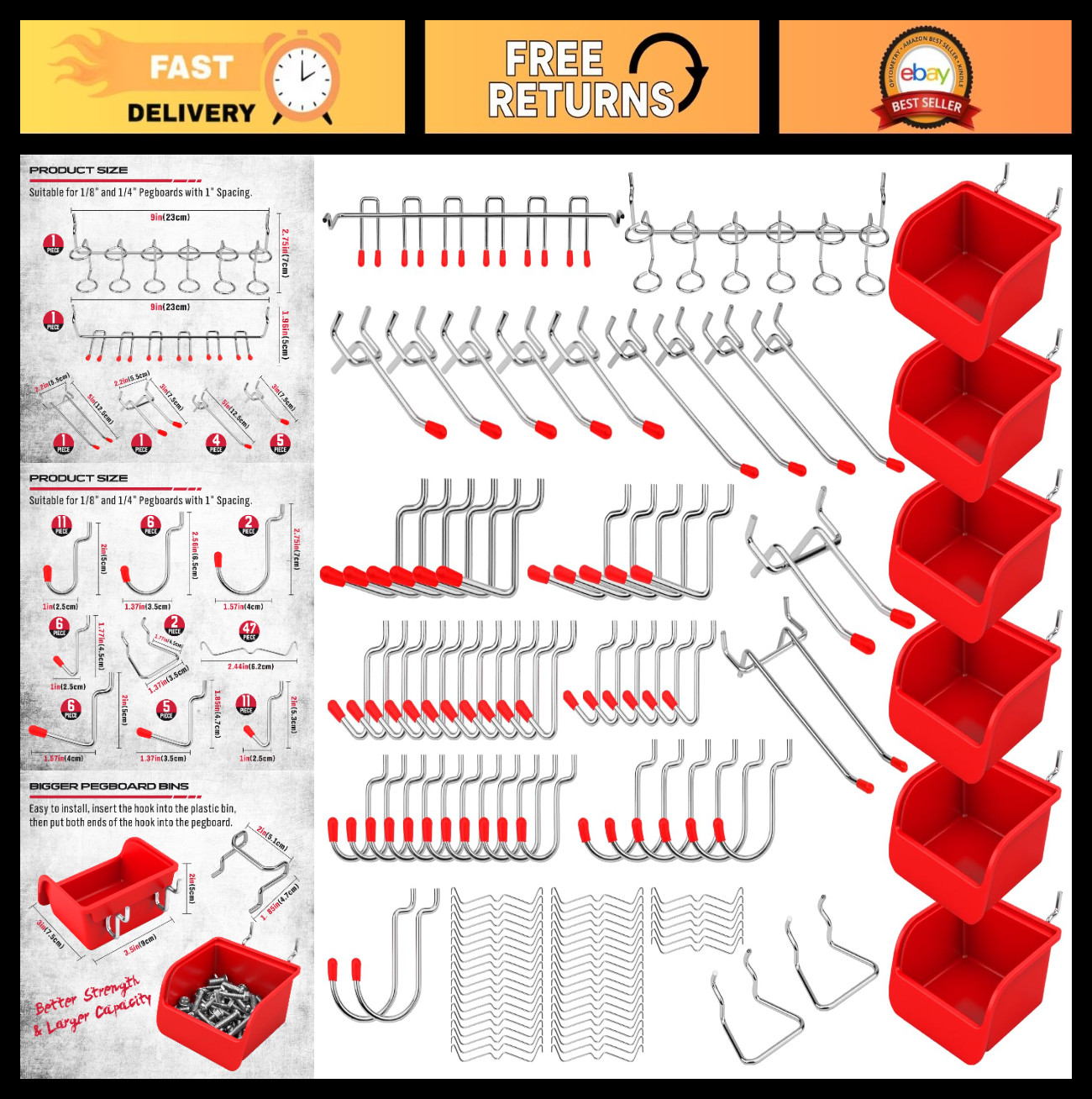 121-Piece Pegboard Hooks Set - Durable Metal Organizers & Utility Bins, Accessor