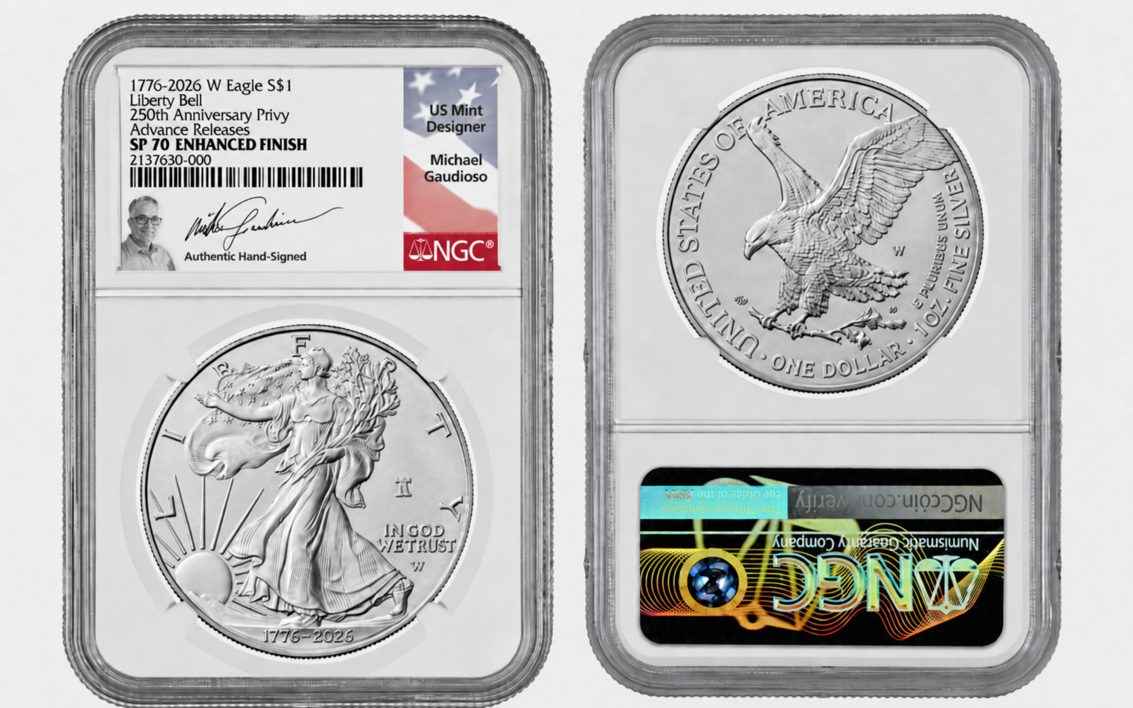 2026-W Enhanced ASE 250 Anniversary Privy SP70 NGC AR 1776-2026 Gaudioso