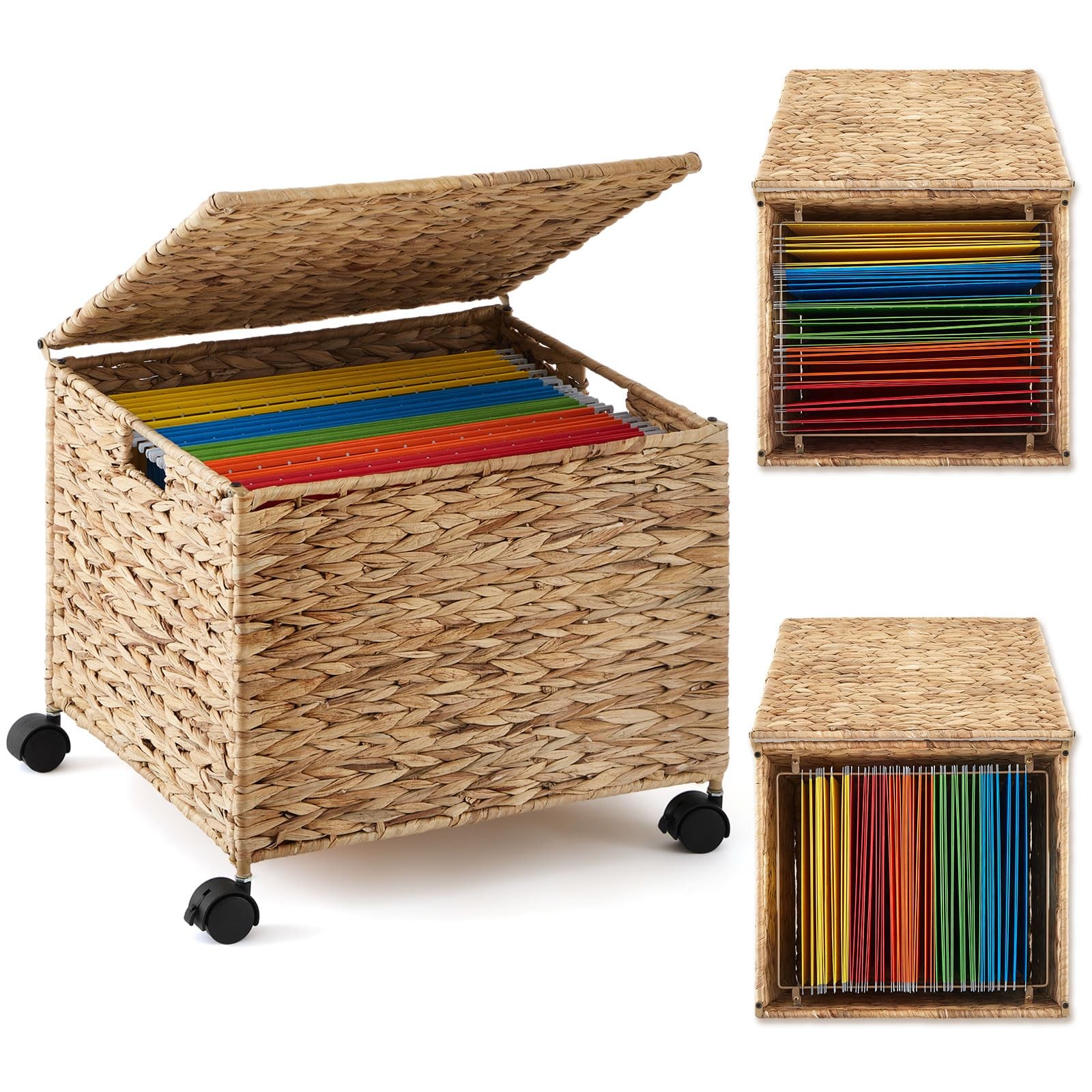 Jingmore Rolling Hanging File Box, Water Hyacinth File Basket Organizer