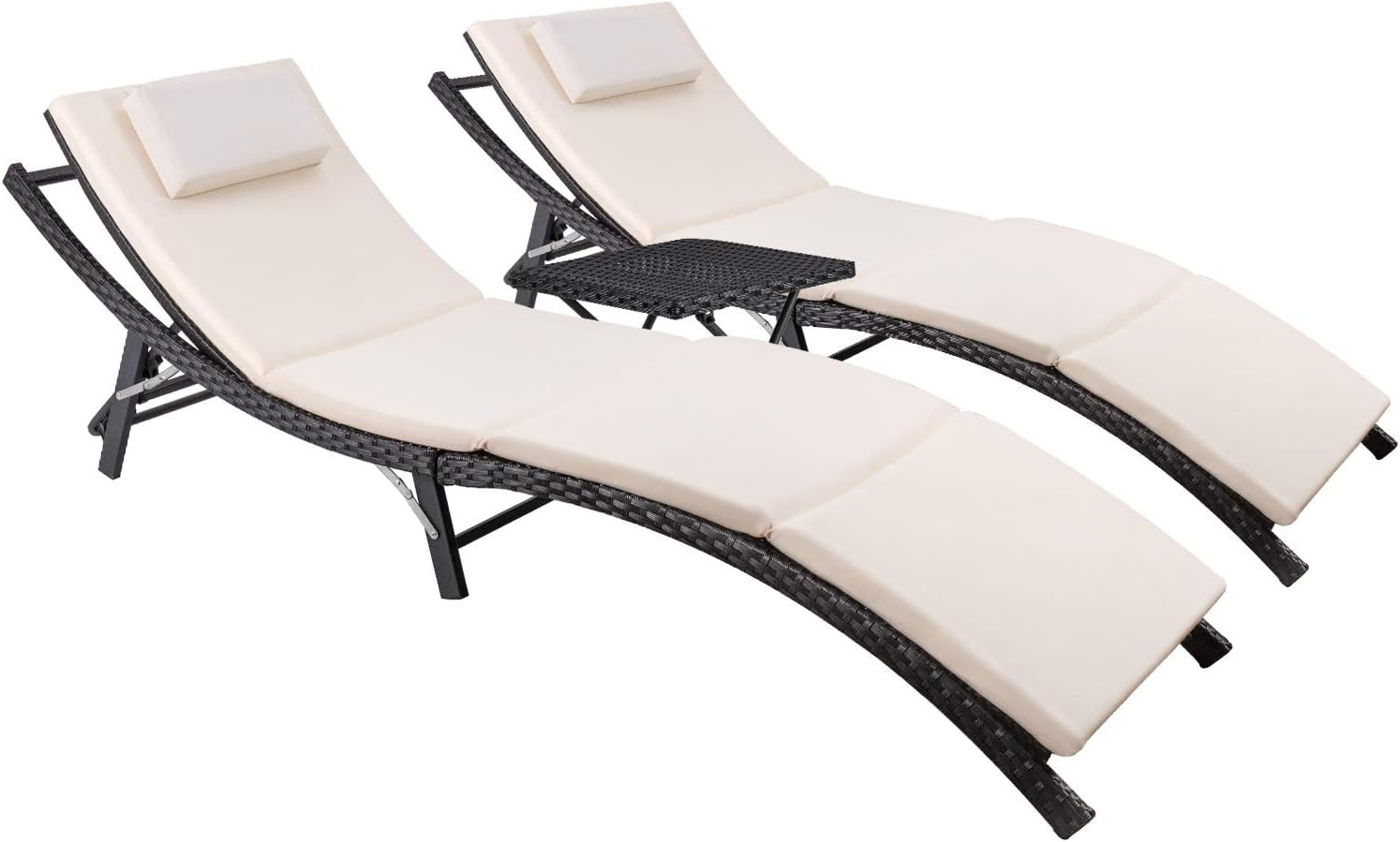 Patio Chaise Lounge Sets Outdoor Rattan Adjustable Back 3 Pieces Cushioned Patio
