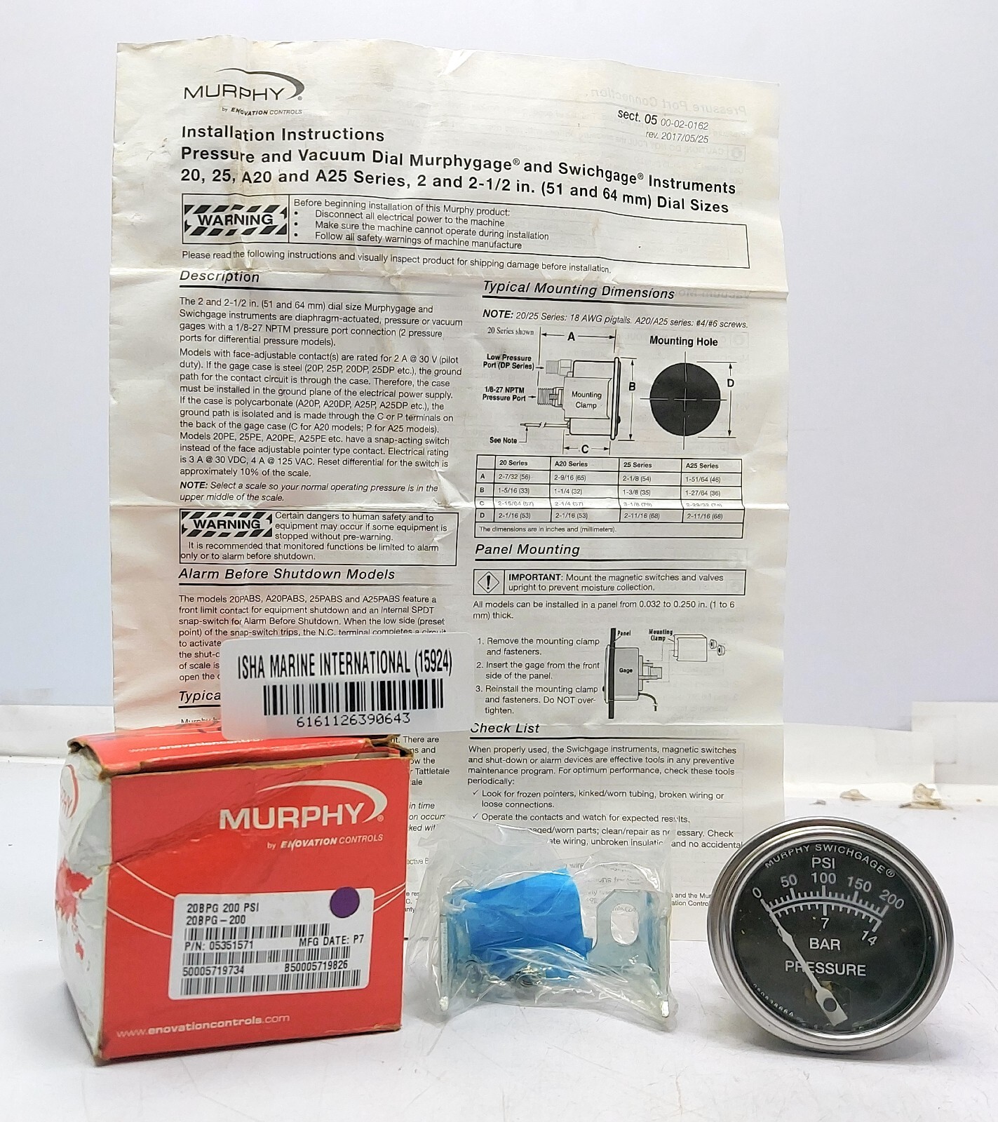 Murphy 20 BPG-200 05351571 Pressure Analog Meter