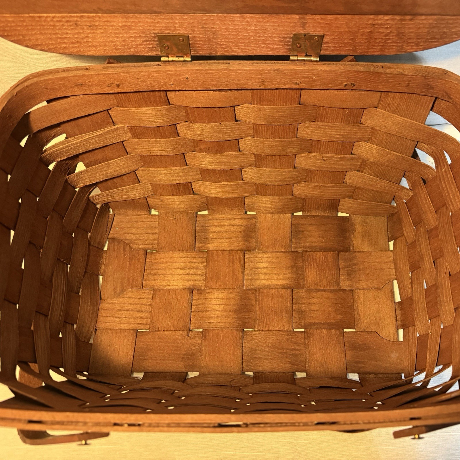 Vintage Amish Style Hardwood Picnic Basket Hinged Lid Handwoven Americana