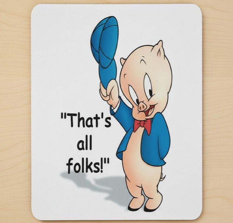 Porky Pig That's All Folks! 9.5 x 8 Mouse Pad With Rubber Backing Made In USA
