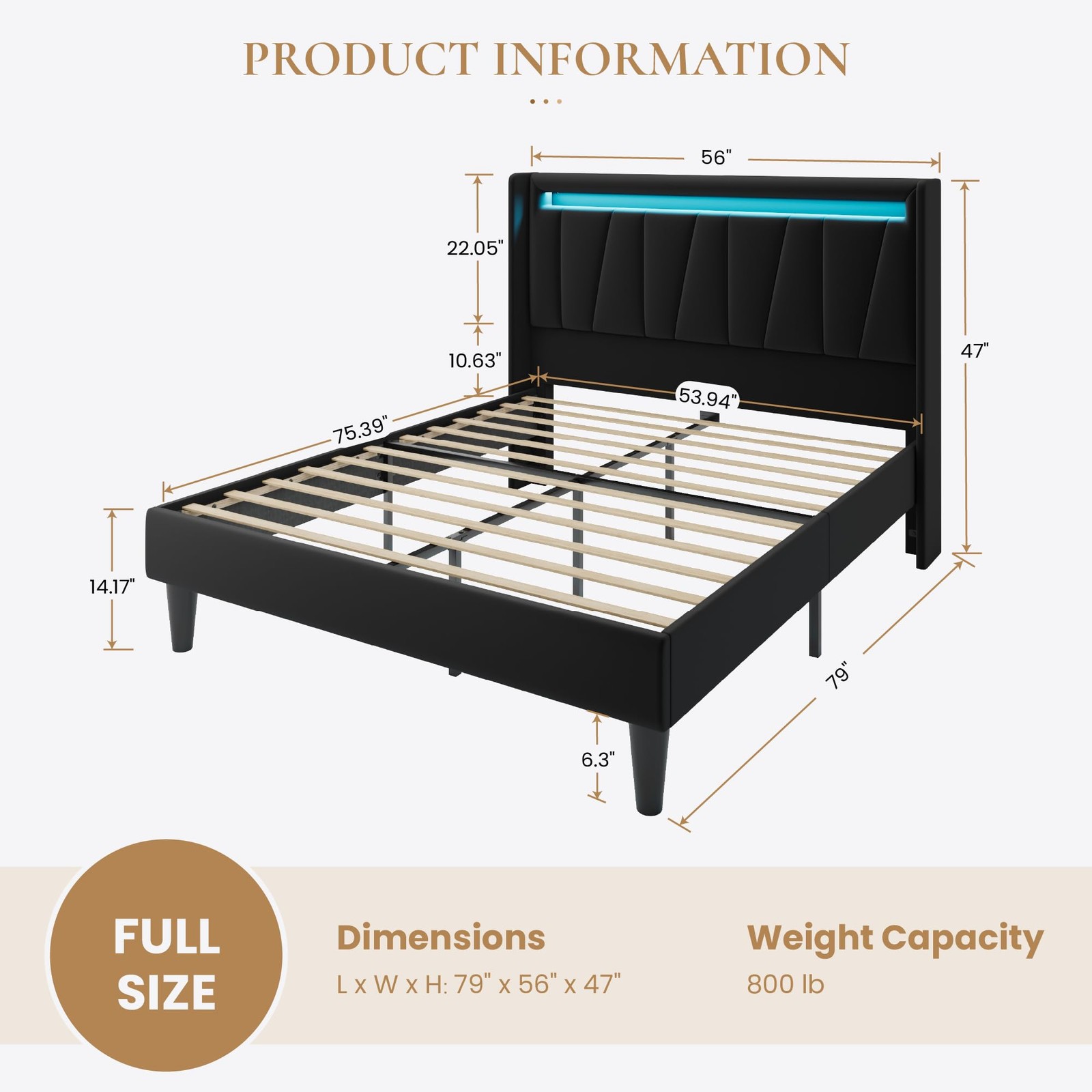 Full Size Bed Frame with Charging Station and LED Lights, Modern Velvet Platf...