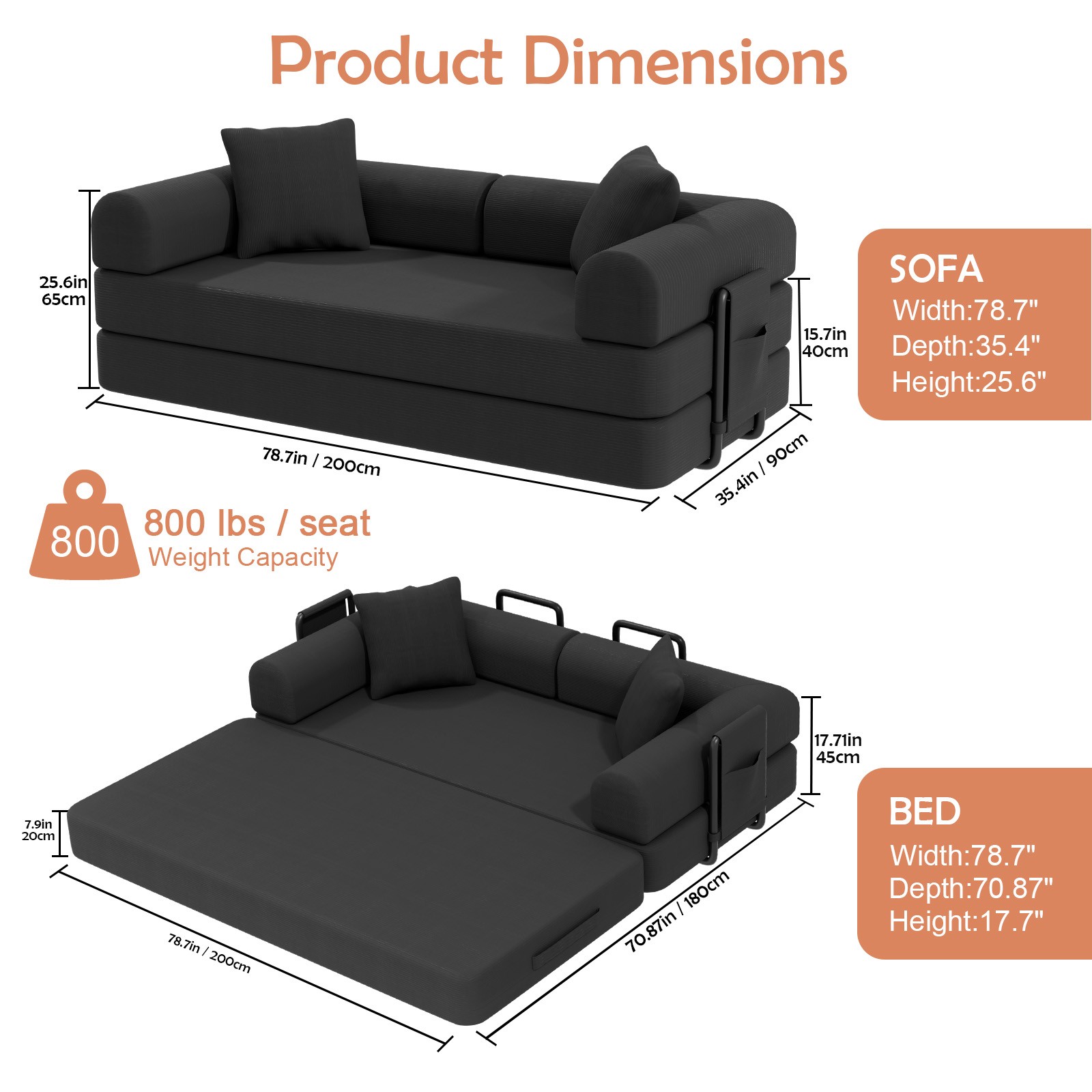 Sofa Bed Couch Sleeper Convertible Pull-Out Bed Couch With Side Pockets Washable