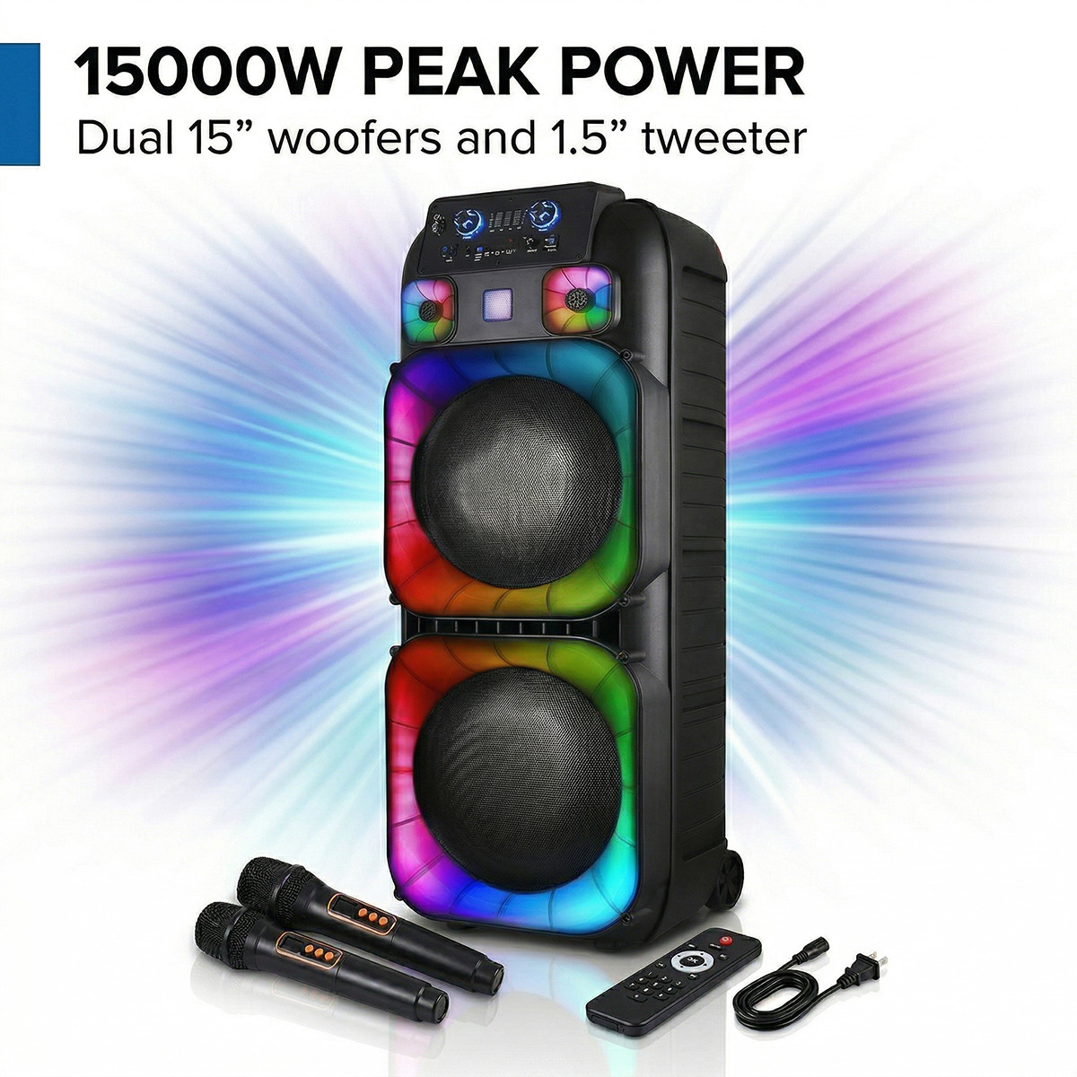 Dual 15” Portable Bluetooth Party Speaker 15000W PA System LED Lights & Mics