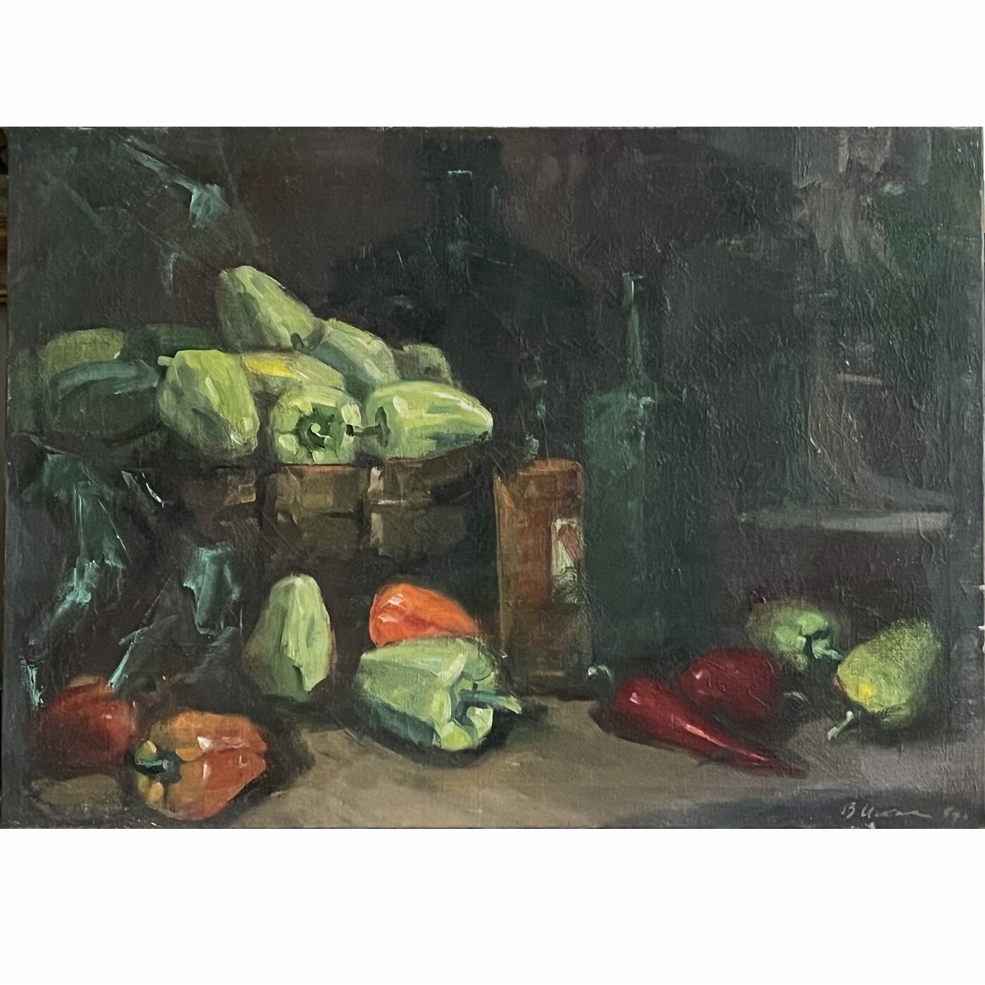 USSR OIL 1957 Hand PAINTING/Green and Red Bell Peppers/Still life Realism SIGNED