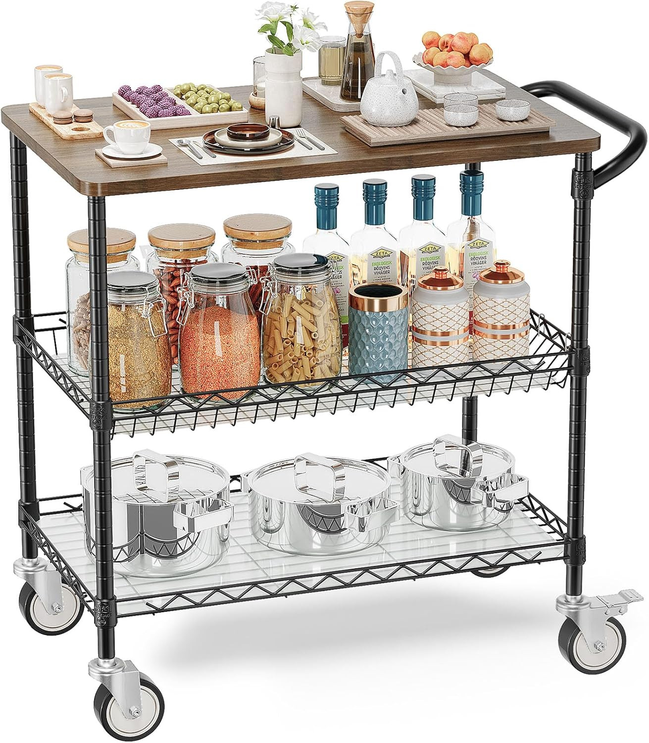 Rolling Kitchen Carts with Wheels, 34" L X 17.5" W, 3-Tier Heavy Duty Utility Ca