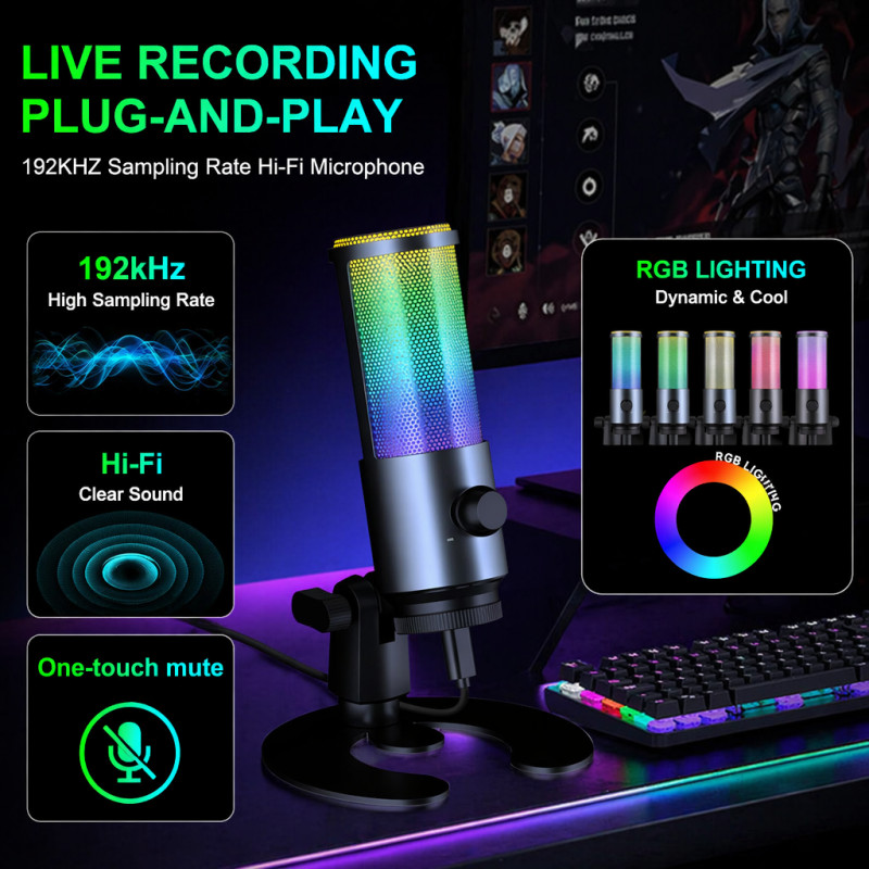 RGB live microphone 192K high sampling one-click mute/recording
