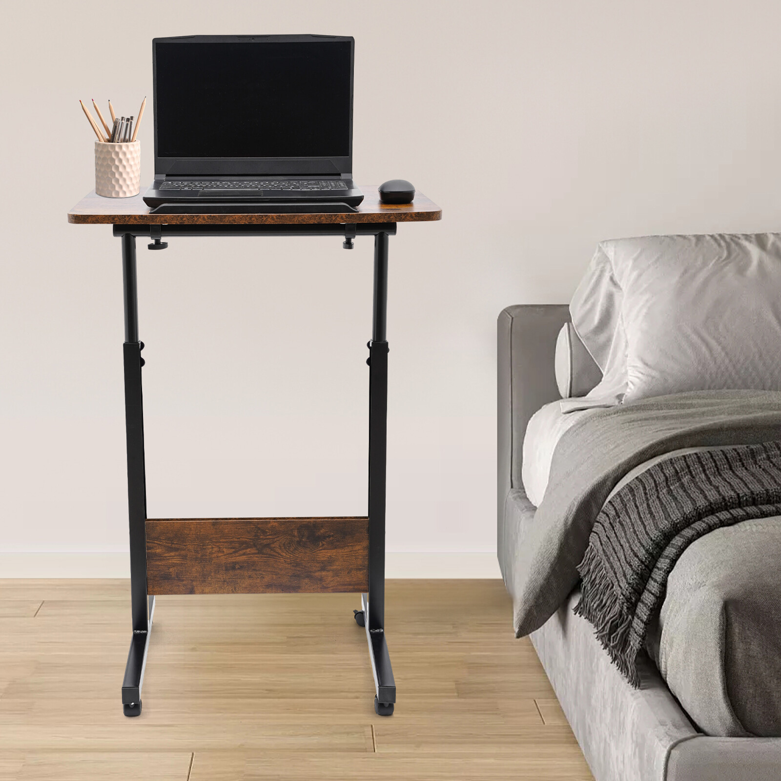 Mobile Workstation Standing Desk Rolling Laptop Desk Adjustable Height Brown