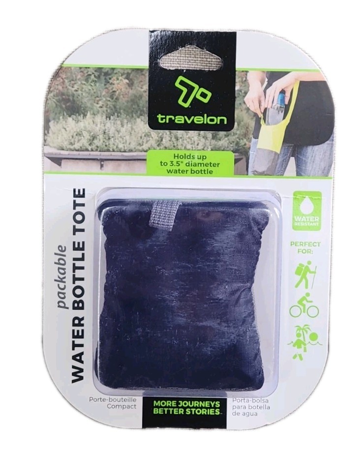 New! Sealed Travelon Packable Water Bottle Adjustable Tote  Blk & Gray