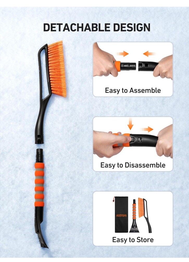 27 Inch Snow Brush and Detachable Ice Scraper with Ergonomic Foam Grip