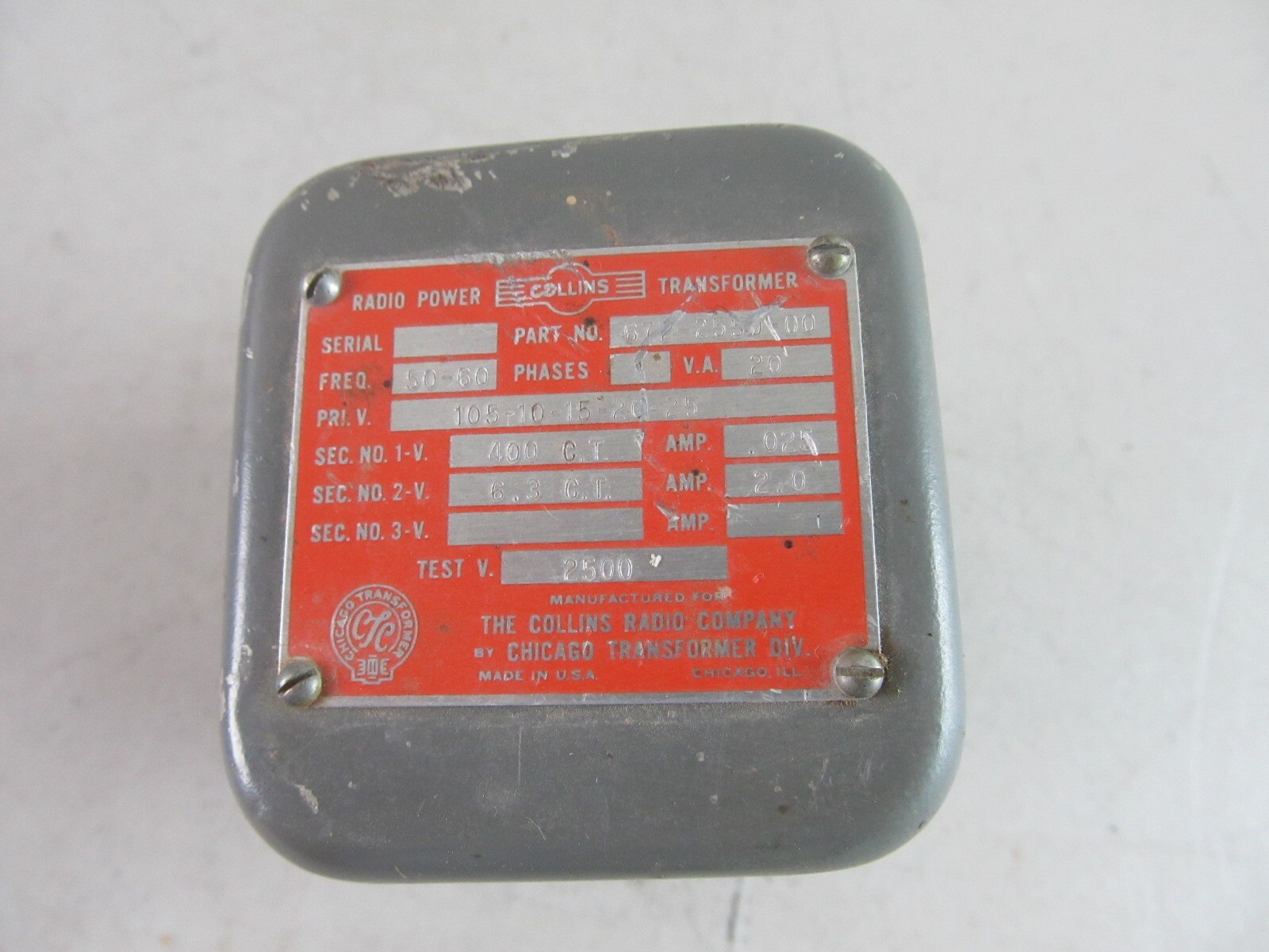Vintage Collins Radio  672-2550-00 Power Transformer 400V CT .025A, 6.3V CT 2A