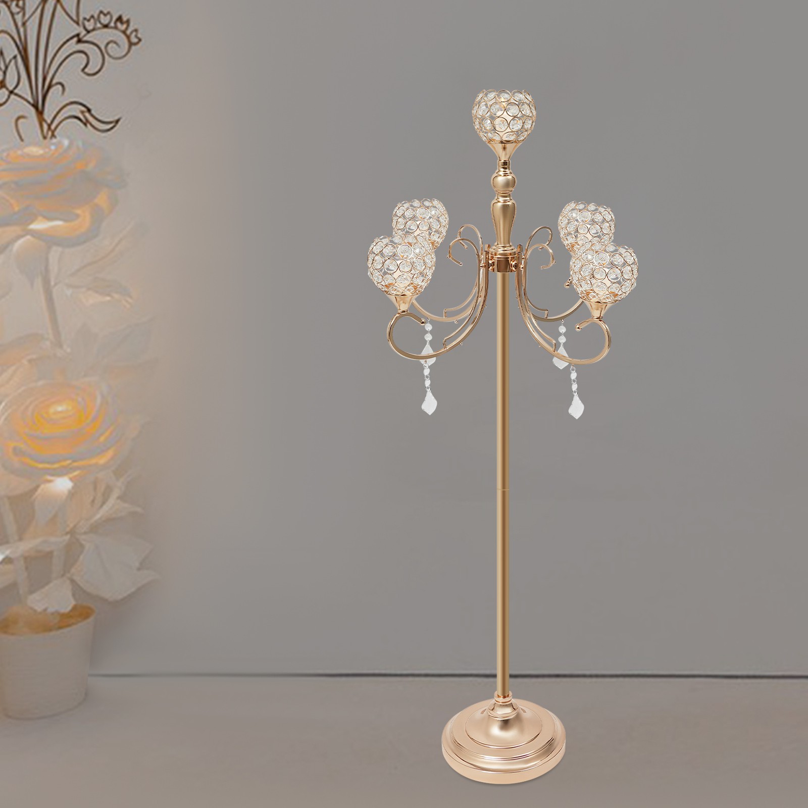 5-Arm Gold Crystal Candle Holder Wedding Dinner Events Table Decor Candelabra