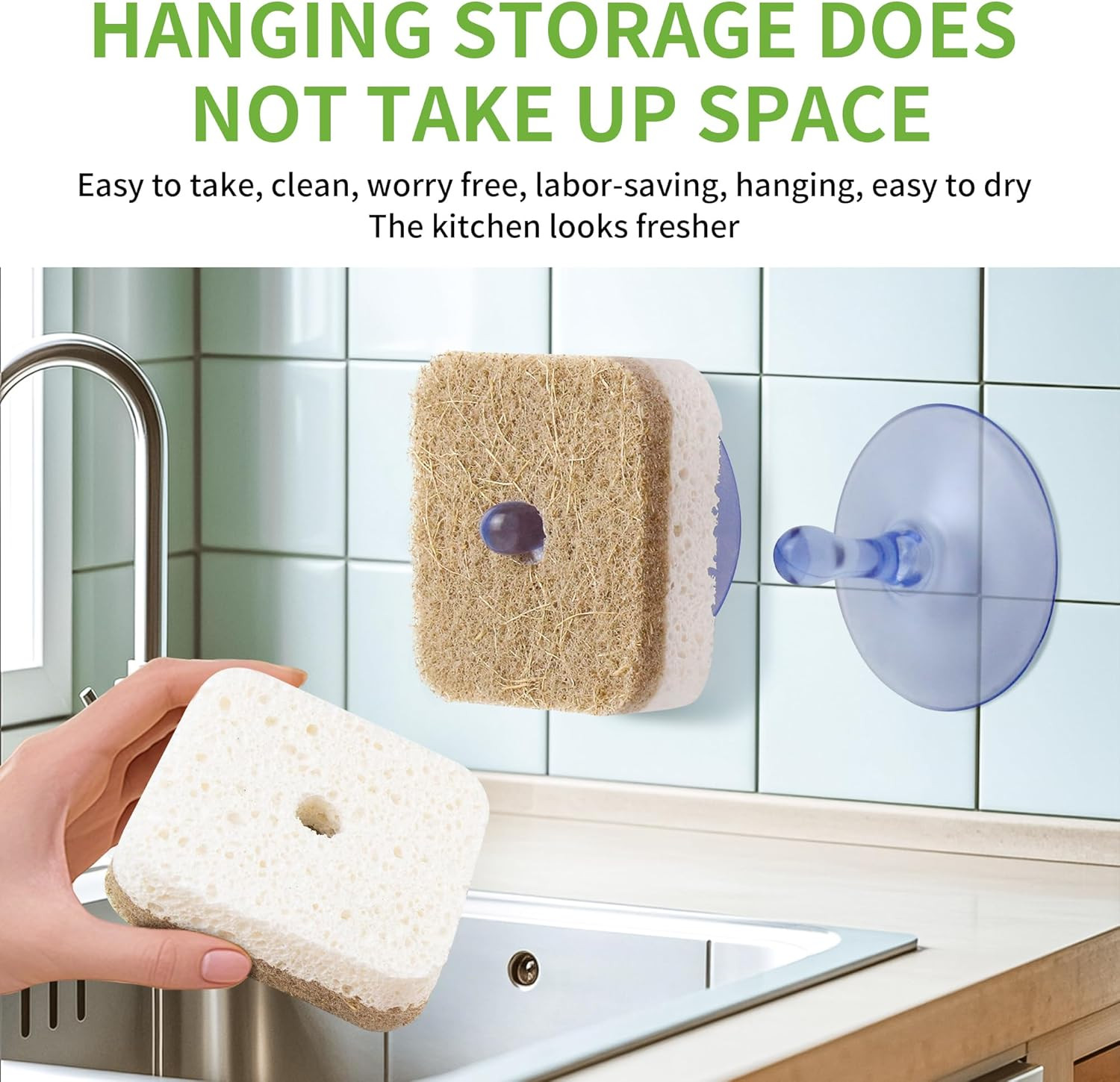12Pack Natural Kitchen Scrub Dish Sponge with Suction Hanger Biodegradable Comp