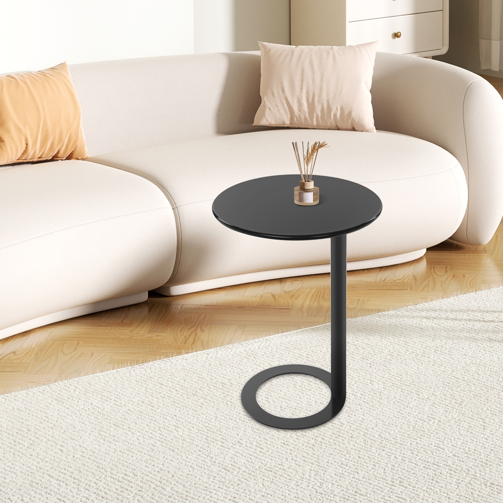 48x69cm Round Side Table Black Side Table for Small Spaces with O-shaped Base