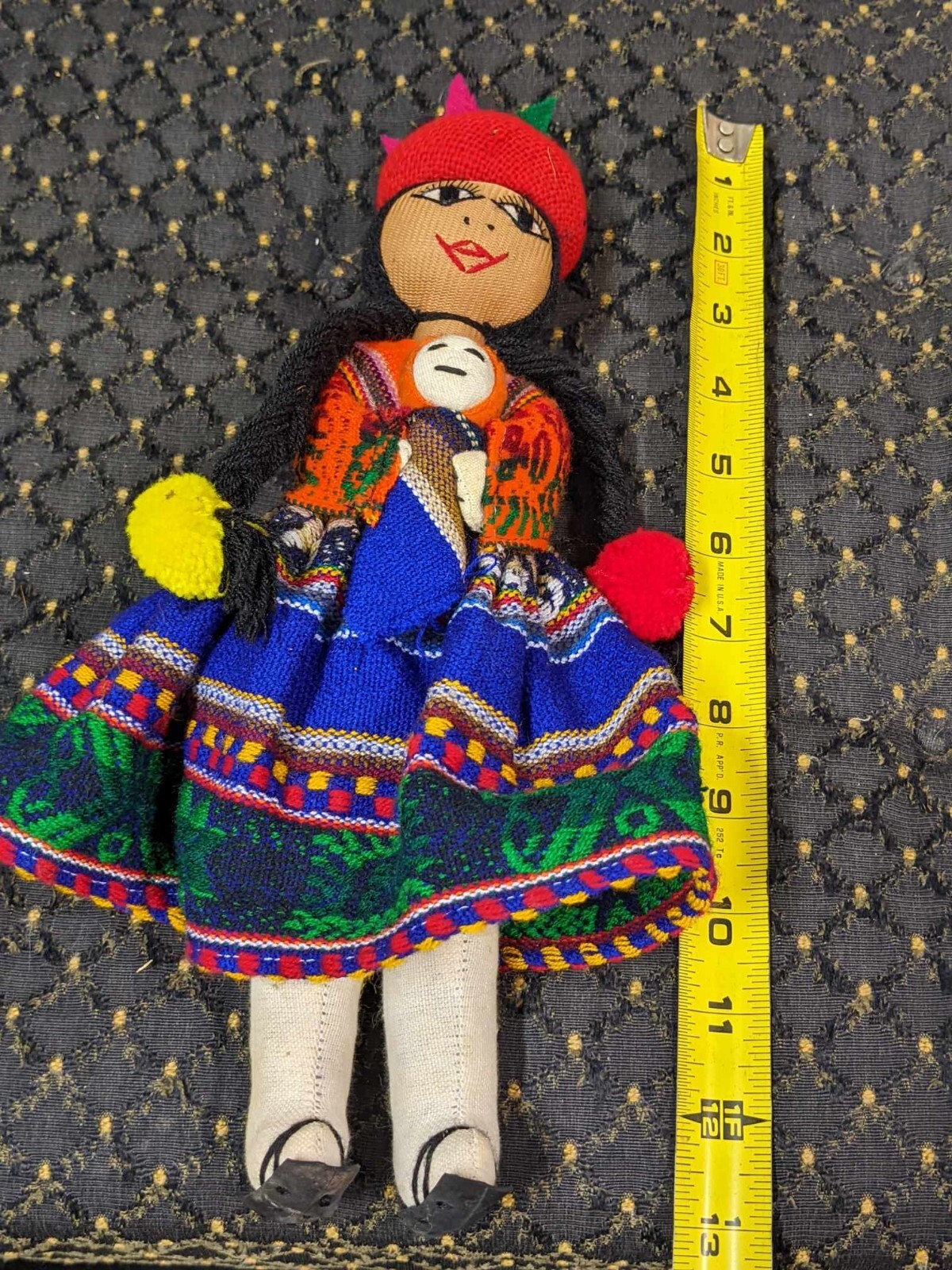 VINTAGE HANDMADE PERUVIAN MOMMY DOLL WITH 2 INFANT BABIES WOOL CLOTHES 14" TALL