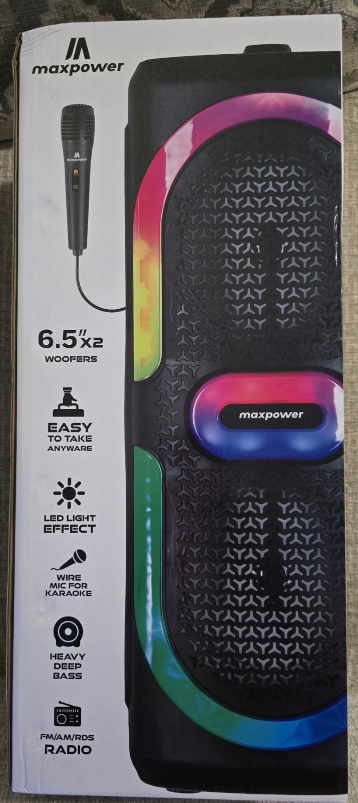Maxpower Karaoke Speaker 6.5”x2 Woofers w/LED Effects & Microphone Bluetooth USB