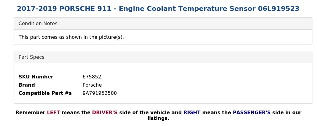 2017-2019 PORSCHE 911 - Engine Coolant Temperature Sensor 06L919523